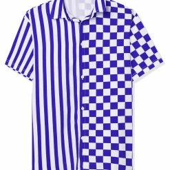 Allegra K Men's Contrast Color Short Sleeve Button Down Printed Striped Plaid Shirt