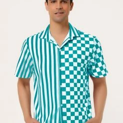 Allegra K Men's Contrast Color Short Sleeve Button Down Printed Striped Plaid Shirt