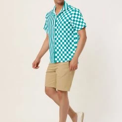 Allegra K Men's Contrast Color Short Sleeve Button Down Printed Striped Plaid Shirt