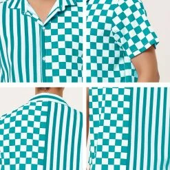 Allegra K Men's Contrast Color Short Sleeve Button Down Printed Striped Plaid Shirt