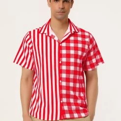 Allegra K Men's Contrast Color Short Sleeve Button Down Printed Striped Plaid Shirt