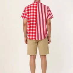 Allegra K Men's Contrast Color Short Sleeve Button Down Printed Striped Plaid Shirt