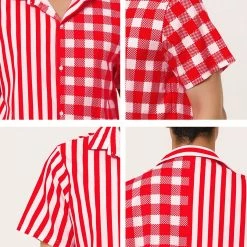 Allegra K Men's Contrast Color Short Sleeve Button Down Printed Striped Plaid Shirt