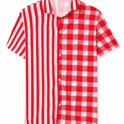 Allegra K Men's Contrast Color Short Sleeve Button Down Printed Striped Plaid Shirt