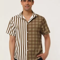 Allegra K Men's Contrast Color Short Sleeve Button Down Printed Striped Plaid Shirt