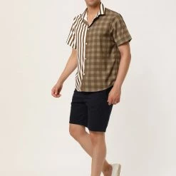 Allegra K Men's Contrast Color Short Sleeve Button Down Printed Striped Plaid Shirt