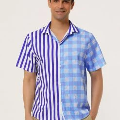 Allegra K Men's Contrast Color Short Sleeve Button Down Printed Striped Plaid Shirt