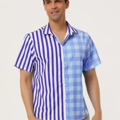 Allegra K Men's Contrast Color Short Sleeve Button Down Printed Striped Plaid Shirt