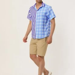 Allegra K Men's Contrast Color Short Sleeve Button Down Printed Striped Plaid Shirt