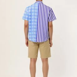 Allegra K Men's Contrast Color Short Sleeve Button Down Printed Striped Plaid Shirt