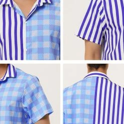 Allegra K Men's Contrast Color Short Sleeve Button Down Printed Striped Plaid Shirt