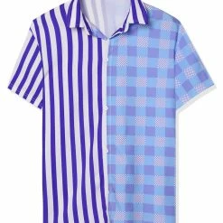 Allegra K Men's Contrast Color Short Sleeve Button Down Printed Striped Plaid Shirt