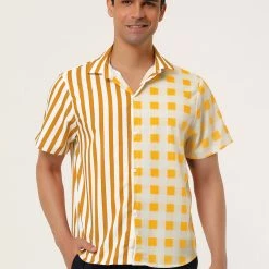 Allegra K Men's Contrast Color Short Sleeve Button Down Printed Striped Plaid Shirt