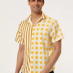 Allegra K Men's Contrast Color Short Sleeve Button Down Printed Striped Plaid Shirt