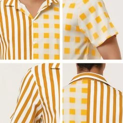 Allegra K Men's Contrast Color Short Sleeve Button Down Printed Striped Plaid Shirt