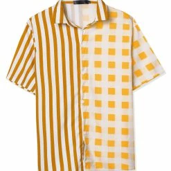 Allegra K Men's Contrast Color Short Sleeve Button Down Printed Striped Plaid Shirt