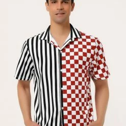 Allegra K Men's Contrast Color Short Sleeve Button Down Printed Striped Plaid Shirt