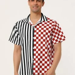 Allegra K Men's Contrast Color Short Sleeve Button Down Printed Striped Plaid Shirt