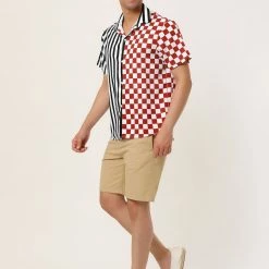 Allegra K Men's Contrast Color Short Sleeve Button Down Printed Striped Plaid Shirt