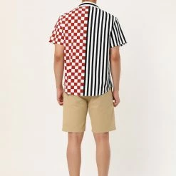 Allegra K Men's Contrast Color Short Sleeve Button Down Printed Striped Plaid Shirt