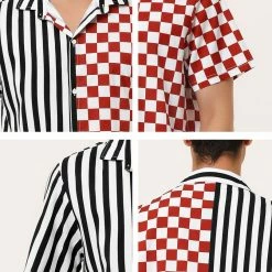 Allegra K Men's Contrast Color Short Sleeve Button Down Printed Striped Plaid Shirt