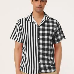 Allegra K Men's Contrast Color Short Sleeve Button Down Printed Striped Plaid Shirt