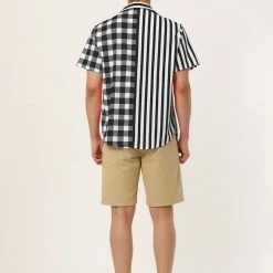 Allegra K Men's Contrast Color Short Sleeve Button Down Printed Striped Plaid Shirt