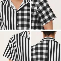 Allegra K Men's Contrast Color Short Sleeve Button Down Printed Striped Plaid Shirt