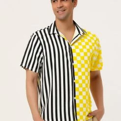 Allegra K Men's Contrast Color Short Sleeve Button Down Printed Striped Plaid Shirt