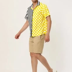 Allegra K Men's Contrast Color Short Sleeve Button Down Printed Striped Plaid Shirt