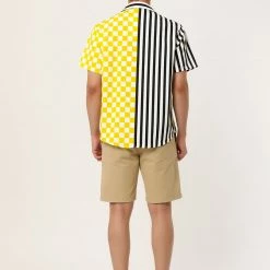 Allegra K Men's Contrast Color Short Sleeve Button Down Printed Striped Plaid Shirt