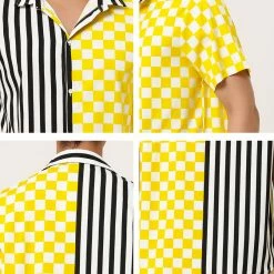 Allegra K Men's Contrast Color Short Sleeve Button Down Printed Striped Plaid Shirt