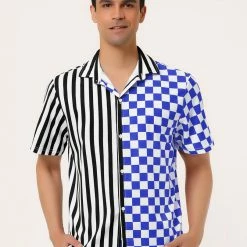 Allegra K Men's Contrast Color Short Sleeve Button Down Printed Striped Plaid Shirt