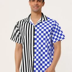 Allegra K Men's Contrast Color Short Sleeve Button Down Printed Striped Plaid Shirt