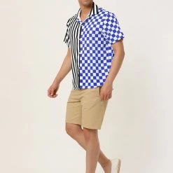 Allegra K Men's Contrast Color Short Sleeve Button Down Printed Striped Plaid Shirt