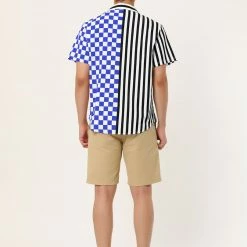 Allegra K Men's Contrast Color Short Sleeve Button Down Printed Striped Plaid Shirt