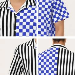 Allegra K Men's Contrast Color Short Sleeve Button Down Printed Striped Plaid Shirt