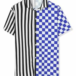 Allegra K Men's Contrast Color Short Sleeve Button Down Printed Striped Plaid Shirt