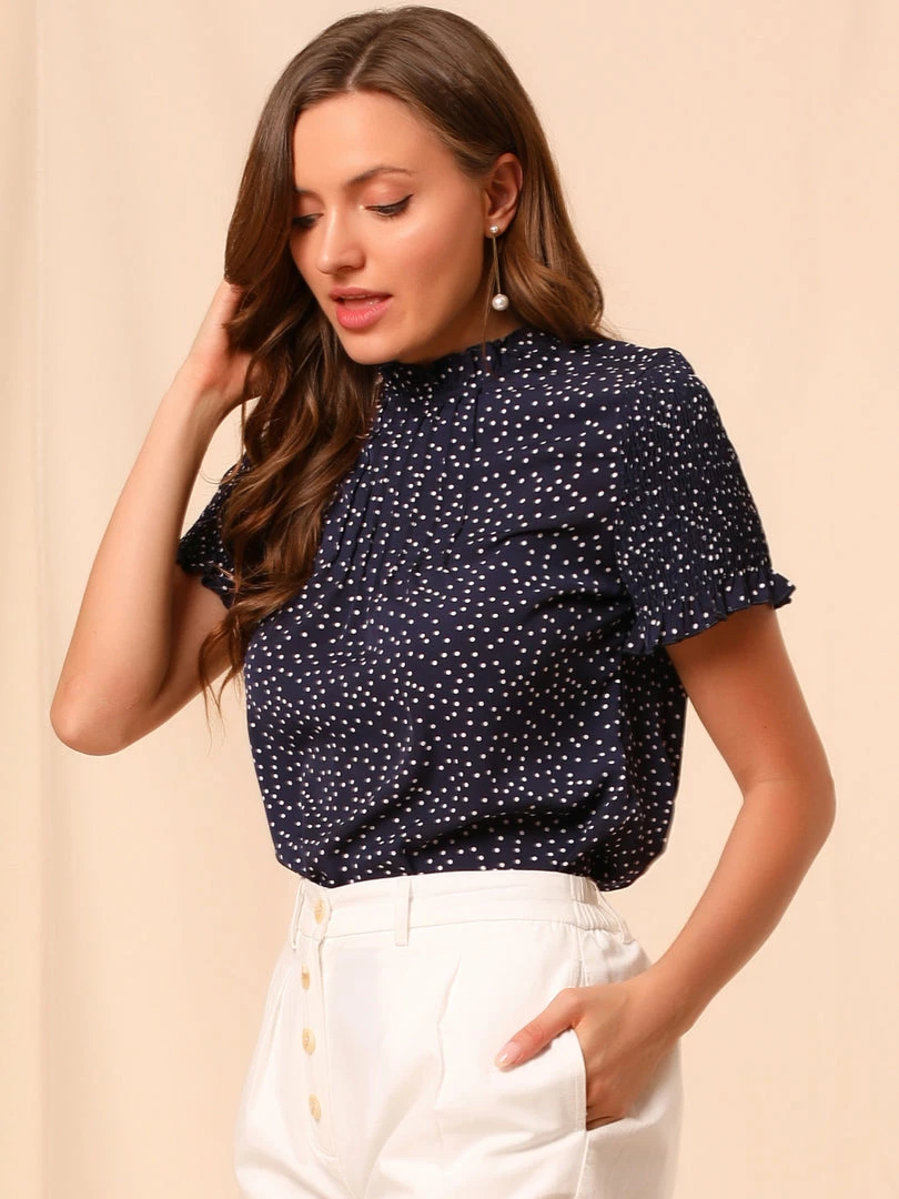 Allegra K Women's Polka Dots Smocked Sleeves Ruffle Neck Blouse Top 11 Allegra K Women's Polka Dots Smocked Sleeves Ruffle Neck Blouse Top