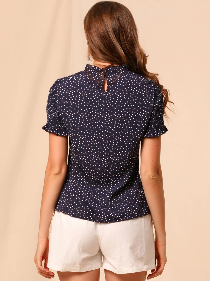 Allegra K Women's Polka Dots Smocked Sleeves Ruffle Neck Blouse Top 14 Allegra K Women's Polka Dots Smocked Sleeves Ruffle Neck Blouse Top
