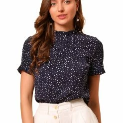 Allegra K Women's Polka Dots Smocked Sleeves Ruffle Neck Blouse Top 22 Allegra K Women's Polka Dots Smocked Sleeves Ruffle Neck Blouse Top