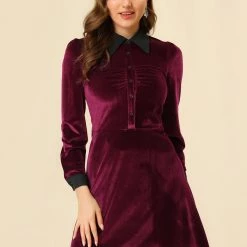 Allegra K Women's Contrast Color Half Placket Long Sleeve Fit And Flare Dress