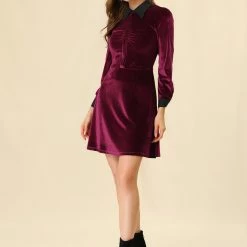 Allegra K Women's Contrast Color Half Placket Long Sleeve Fit And Flare Dress