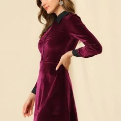 Allegra K Women's Contrast Color Half Placket Long Sleeve Fit And Flare Dress