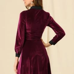 Allegra K Women's Contrast Color Half Placket Long Sleeve Fit And Flare Dress