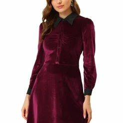 Allegra K Women's Contrast Color Half Placket Long Sleeve Fit And Flare Dress