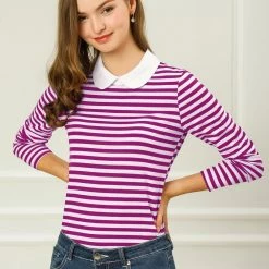 Allegra K Women's Long Sleeve Peter Pan Striped Top Clothing