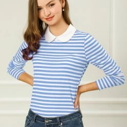Allegra K Women's Long Sleeve Peter Pan Striped Top Clothing