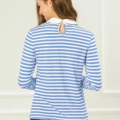 Allegra K Women's Long Sleeve Peter Pan Striped Top Clothing