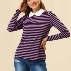 Allegra K Women's Long Sleeve Peter Pan Striped Top Clothing